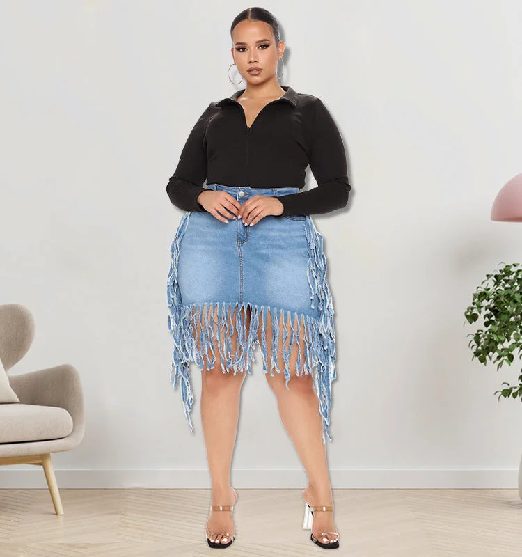 Plus Size Women Clothes Spring  Denim Skirt with Tassel velvet skirt luxury