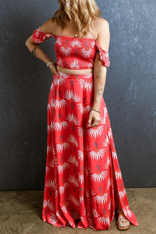 Red Floral Maxi Skirt Set boho skirt vibe