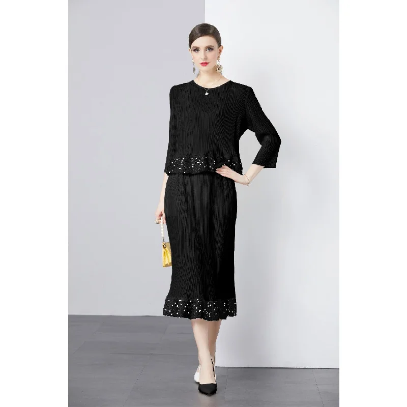 Three-quarter Sleeve Round Neck Solid Color Top Pleated Skirt Sequins chiffon skirt delicate