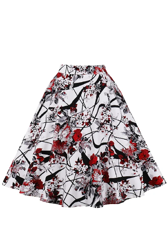 White A-line Short Skirt with Red Floral wool skirt thick