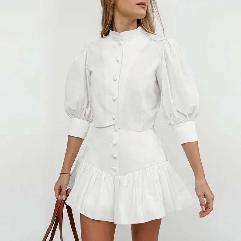 White Lantern Sleeve Shirt Short Skirt Two-piece Set For Women tiered skirt playful