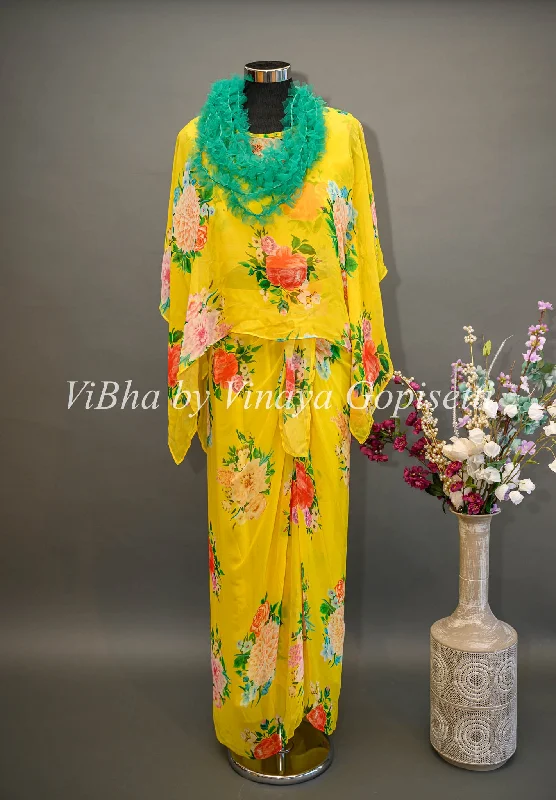 Yellow Floral Cowl Skirt with Detachable Cape and Frilled Stole lightweight skirt design